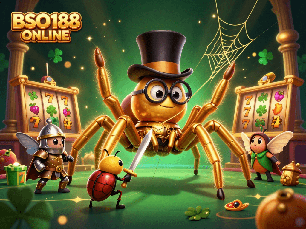 Engage with BSO188 ONLINE's thrilling casino gaming featuring a gold tarantula and beetle knight.