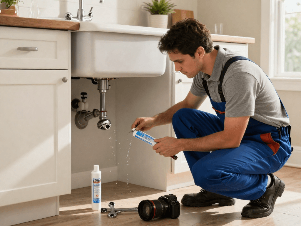 Leak repair Fort Worth in action with a plumber inspecting a residential sink leak, showcasing professional plumbing services.