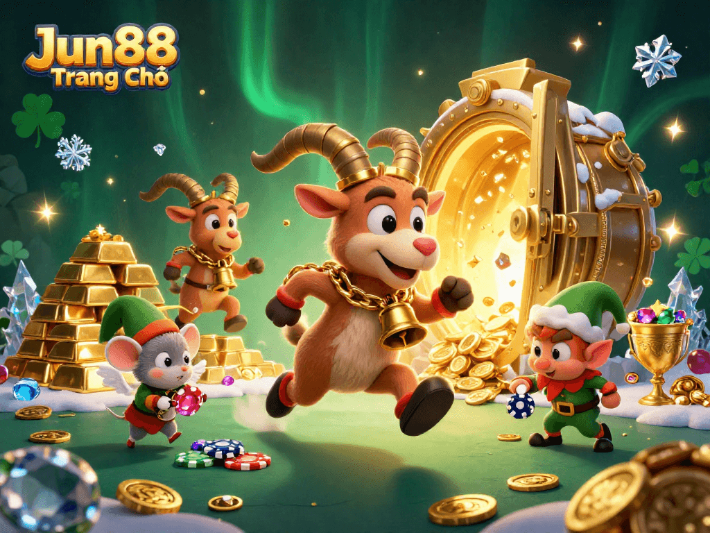 Experience the thrill of Jun88 Trang Chủ with festive casino characters and dazzling treasures.
