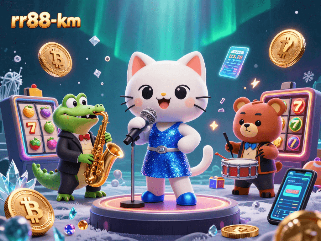 rr88-km showcases vibrant slot reels and captivating characters in a lively casino scene.
