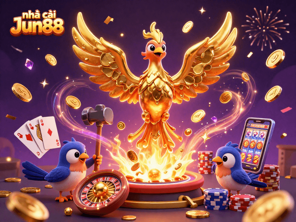 Experience thrilling gaming at nhà cái Jun88 with vibrant coins, cards, and casino elements.