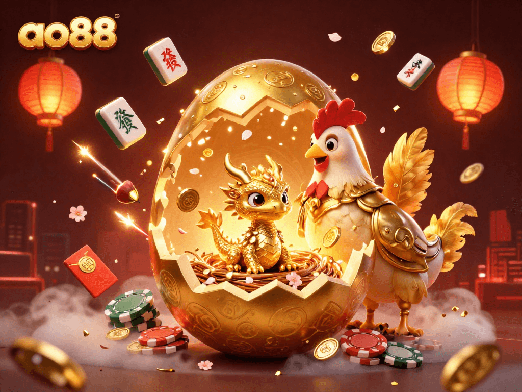 Play at ao88 with this stunning golden dragon among poker chips and festive elements!