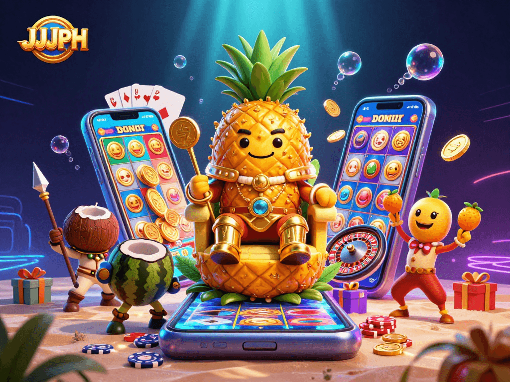Engage in thrilling gameplay with JJJPH, featuring dynamic casino characters and vibrant slot elements.