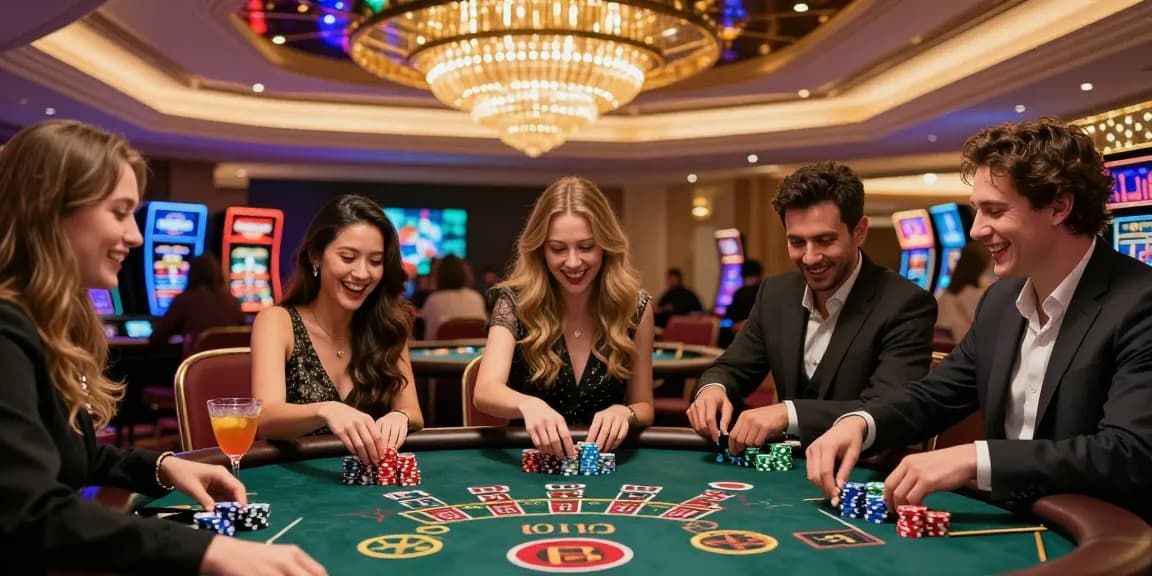 Lucky77 gaming experience at an upscale casino with friends around a blackjack table.