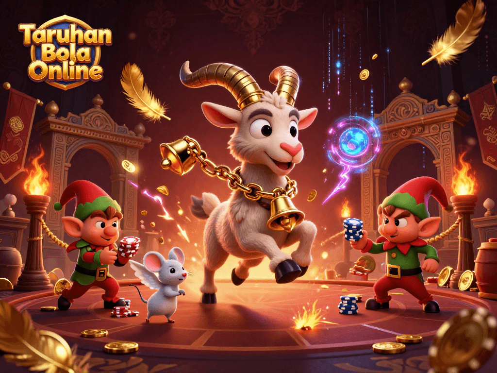 Engage with Taruhan Bola Online in a thrilling 3D cartoon casino scene filled with action.