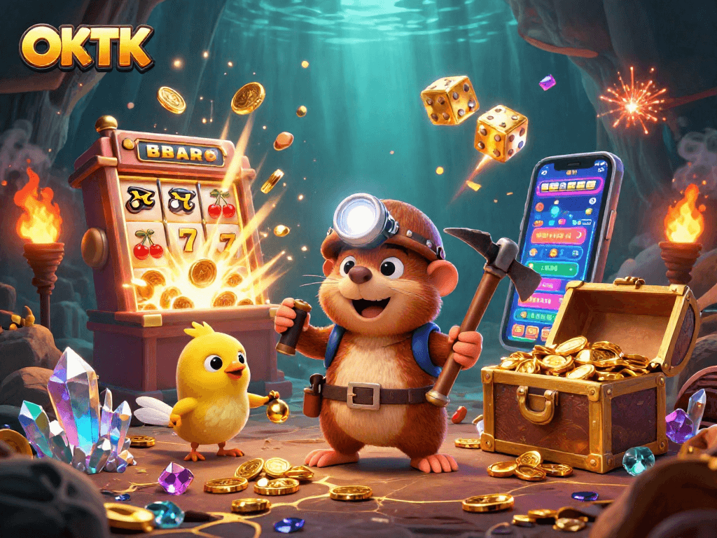 Win big with OKTK at colorful slot machines surrounded by treasure and excitement.