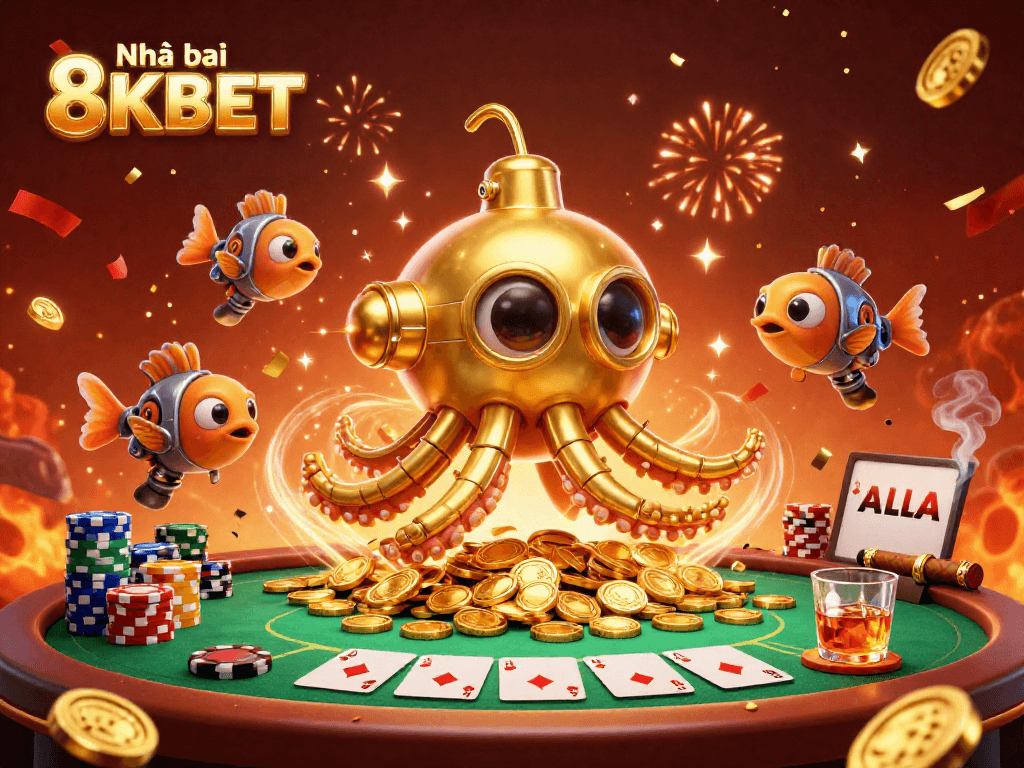 Engage with Nhà cái 8KBET in a vibrant casino scene featuring golden kraken submarine and poker elements.