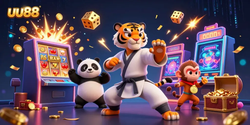 Experience thrilling slots with uu88 featuring an exciting scene of a kung fu tiger master and friends.