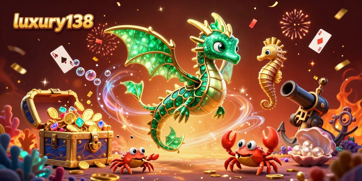 luxury138 menampilkan ilustrasi 3D kartun berkualitas tinggi dengan naga laut dan peti harta karun bertabur koin emas