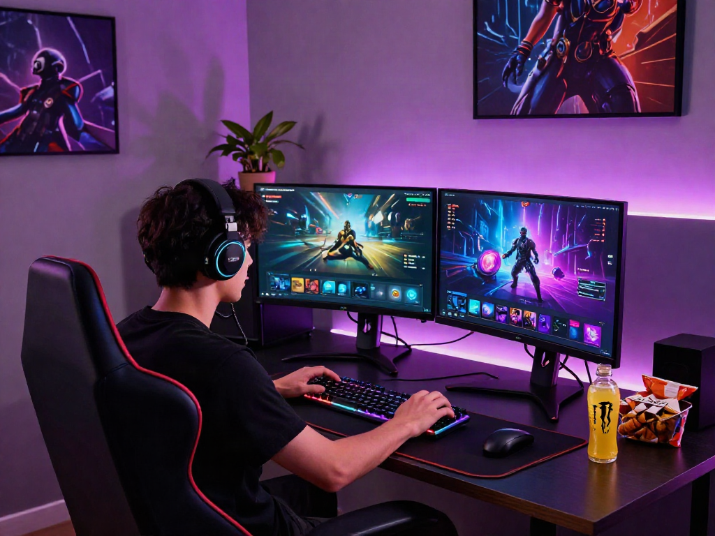 Pengalaman bermain luxury111 dengan monitor ganda, gamer fokus di kursi nyaman.