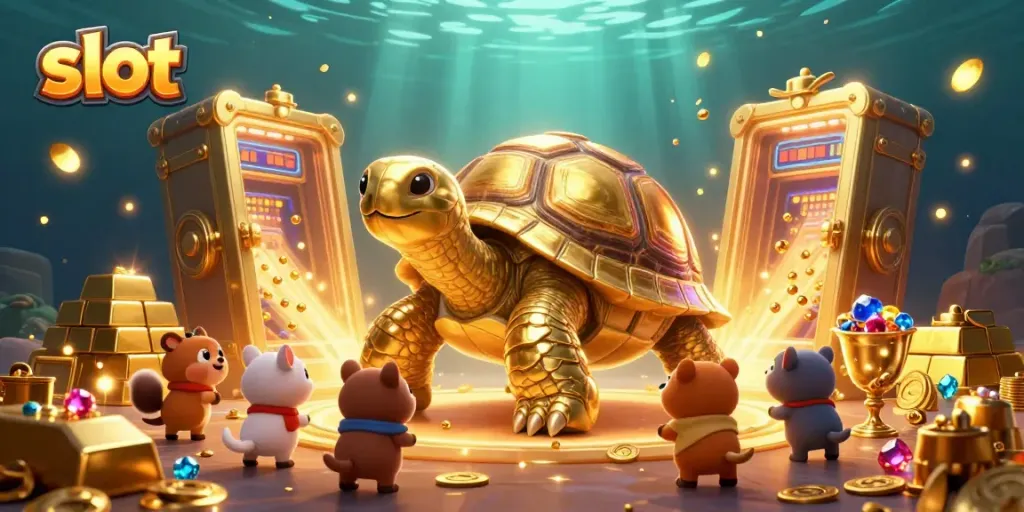 Spin and win with slot machines featuring golden tortoise and treasure in vibrant illustration
