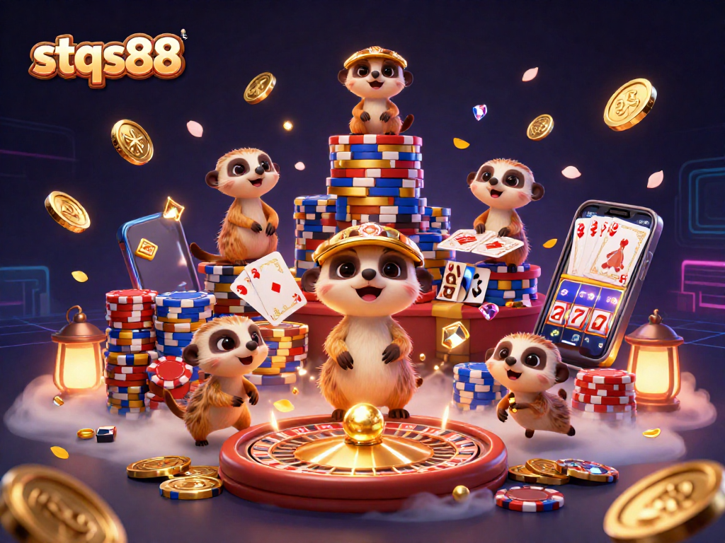 Engage in thrilling gameplay with stqs88’s vibrant casino scene featuring meerkats and dazzling jackpots.