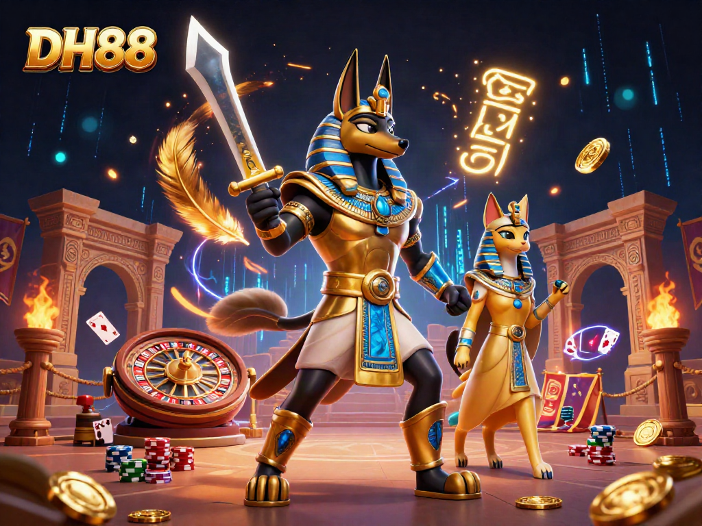 Experience thrilling casino action with DH88 featuring Anubis and Bastet amidst roulette and poker elements.