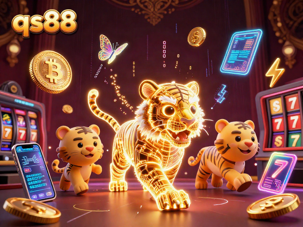 Experience the vibrant energy of qs88 with a digital casino scene featuring a golden tiger and dynamic gaming elements.