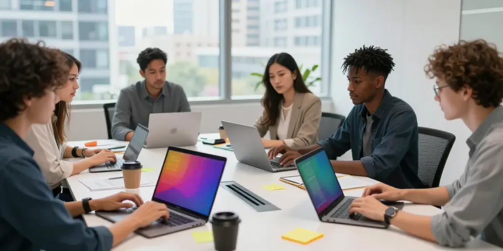 Small business team collaborating to improve Google rankings with strategies and data-driven insights.