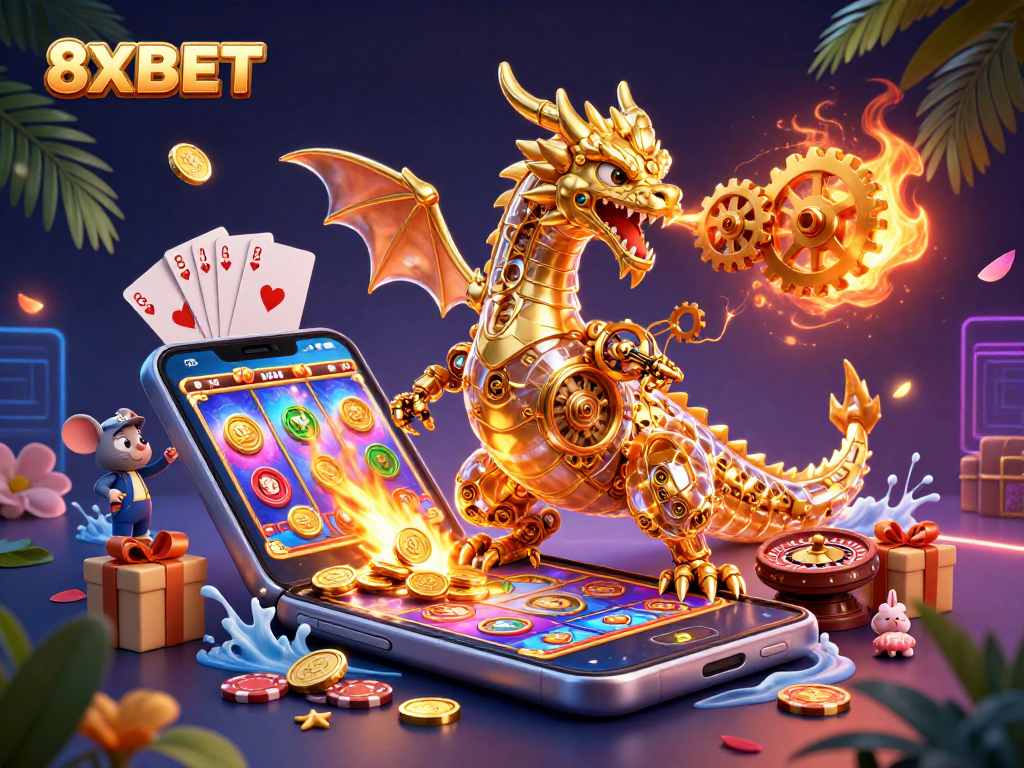 Engage with 8XBET's thrilling golden dragon and vibrant gaming elements in an exciting online casino scene.