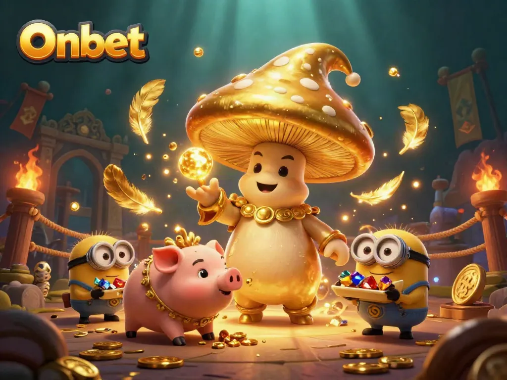 Bet on big wins with Onbet in this vibrant casino-themed illustration featuring golden magical elements.