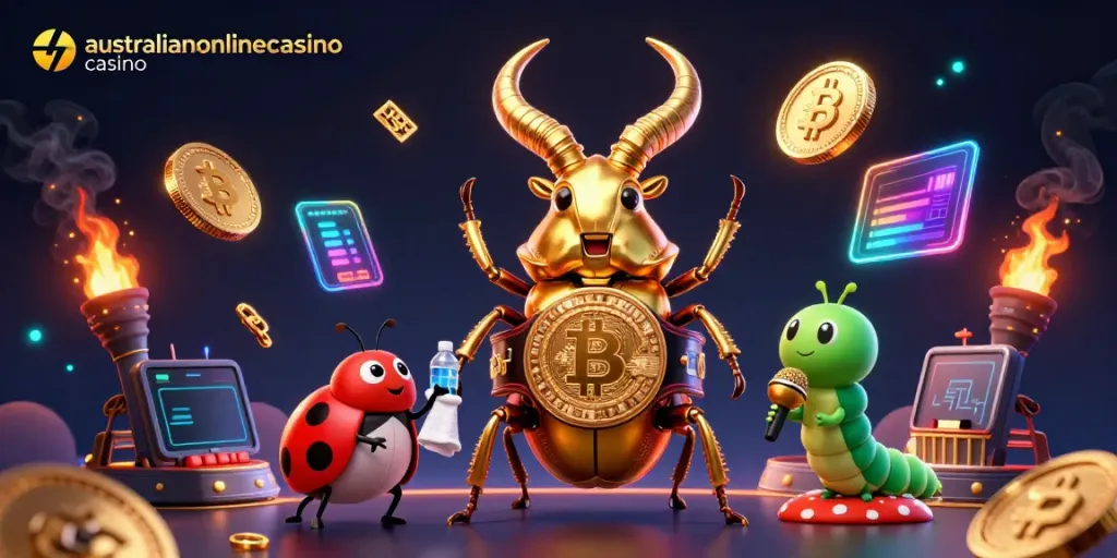 Engage with the vibrant atmosphere of australianonlinecasino casino, featuring a golden stag beetle facing off in a dynamic boxing scene amidst crypto elements.