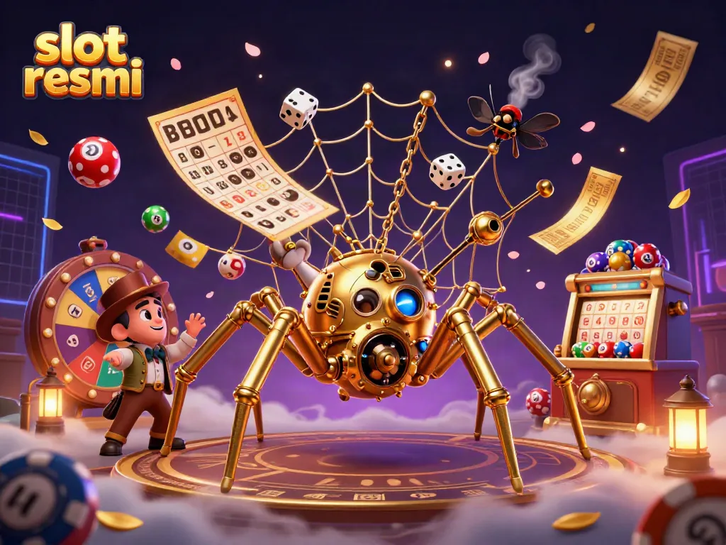 Experience slot resmi excitement with a steampunk spider, dice, and a fly gentleman in this thrilling illustration.