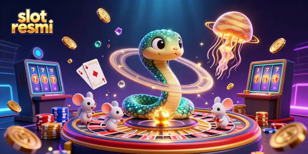 Experience thrilling bets with slot resmi as astronaut mice wager on a cosmic roulette in a fantastical scene.