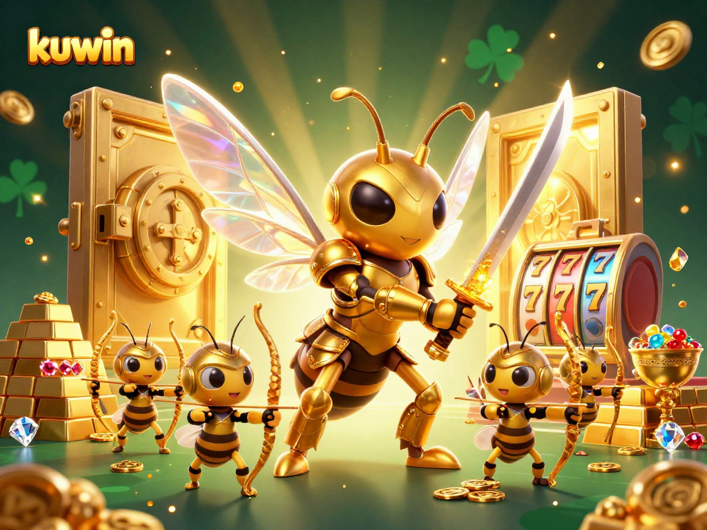 Engage in immersive kuwin gaming action with dynamic golden hornet and treasure elements in this vivid casino illustration.