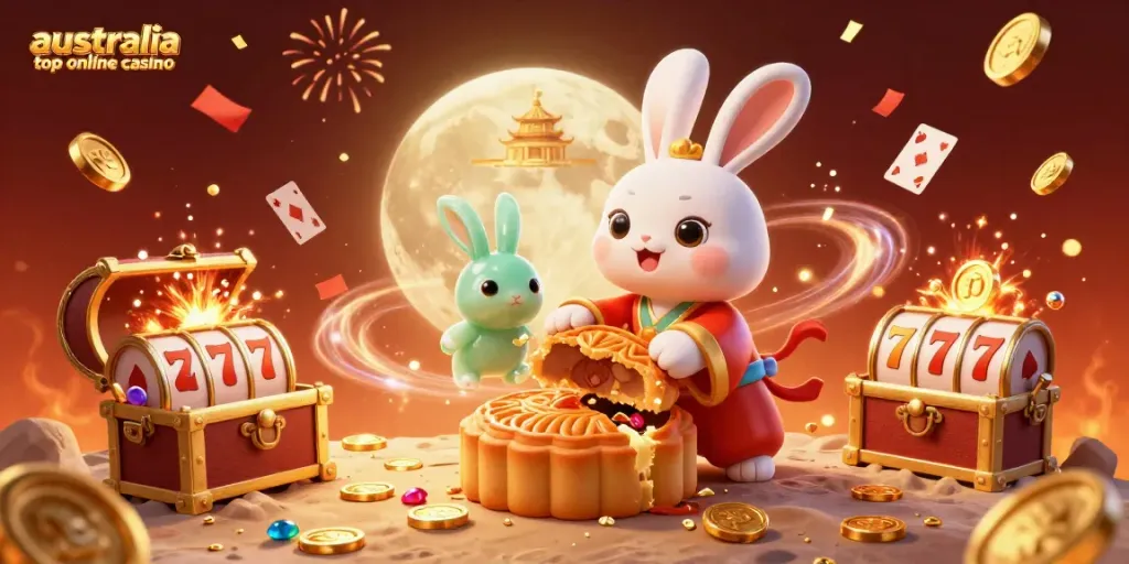 A lively scene of the australia top online casino with a moon rabbit revealing poker chips and surrounded by slot reels.