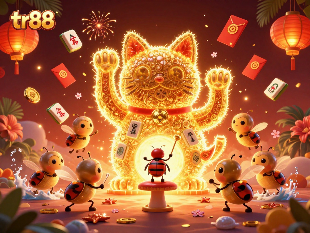 Engage with the vibrant tr88 illustration showcasing a lucky cat and golden fireflies in a casino scene.