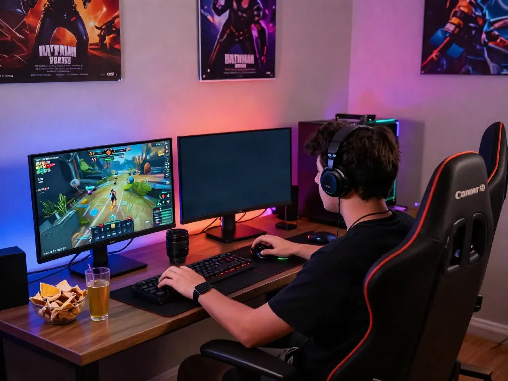 Gamer engaged in high-energy gameplay on the Batman138 platform with dual monitors and vibrant LED lighting.