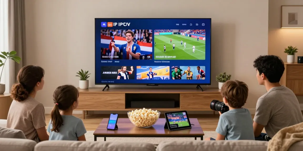 Geniet van IPTV met abonnement in kristalhelder 4K-beeld met een blije familie in een moderne woonkamer.