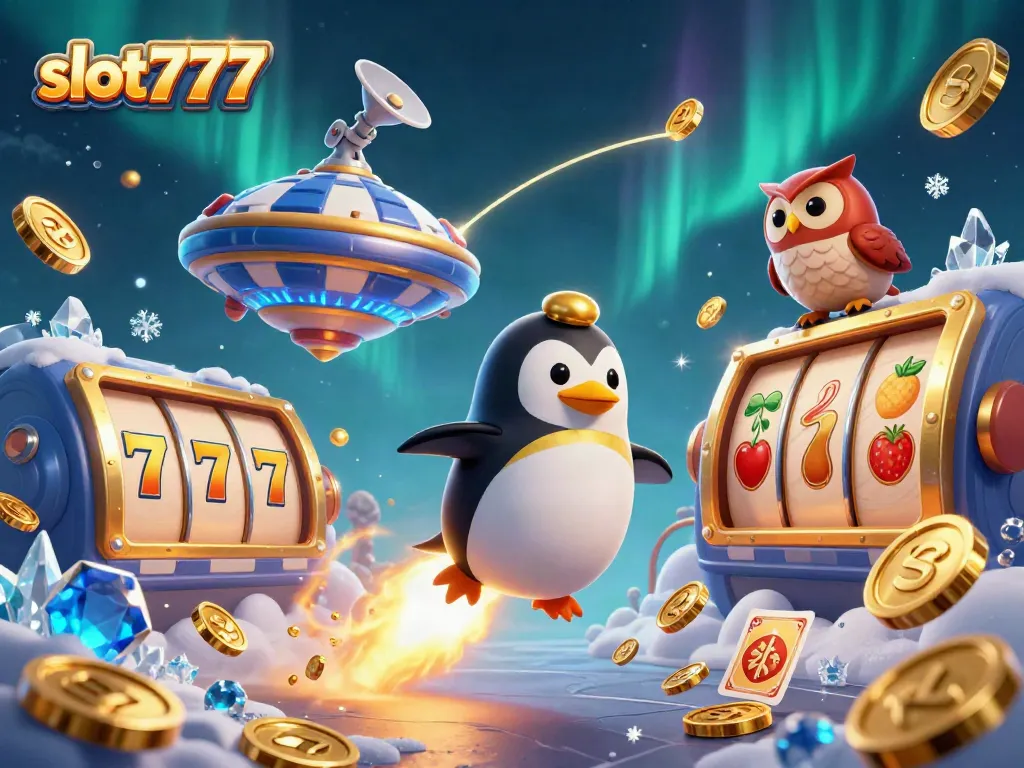 Experience slot777 thrills with a golden penguin, jackpot reels, and floating coins in space.