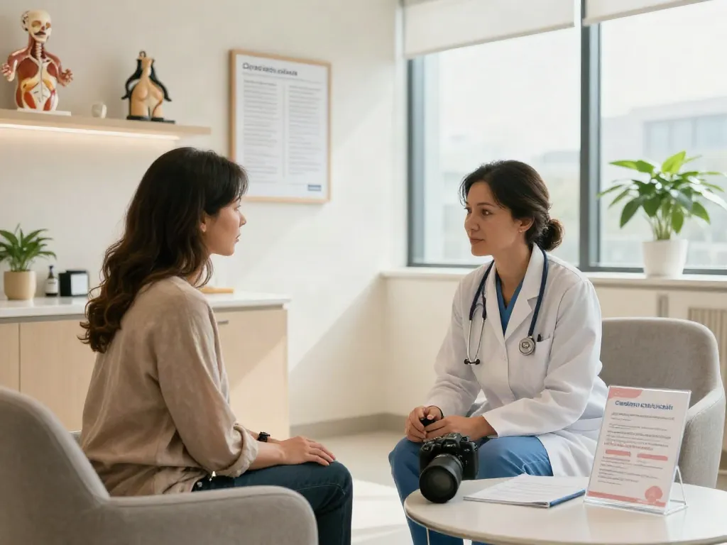 Consultation scene for breast surgery UAE, featuring a patient and surgeon discussing compassionate care options.