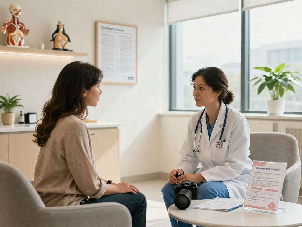 Consultation scene for breast surgery UAE, featuring a patient and surgeon discussing compassionate care options.