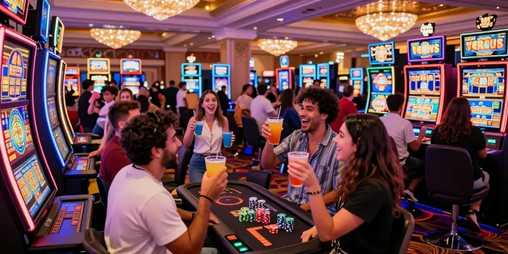 Friends celebrating a win at a Vegas88 slot machine in a vibrant casino atmosphere.