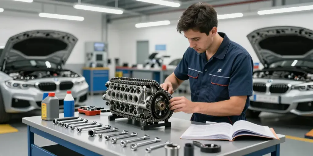 Expert mechanic diagnosing the bmw steuerkette wechseln in a modern workshop.