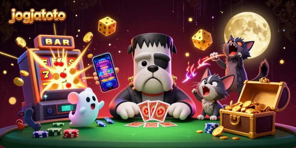 Experience thrilling gameplay with jogjatoto as a bulldog monster deals cards at a vibrant casino table.