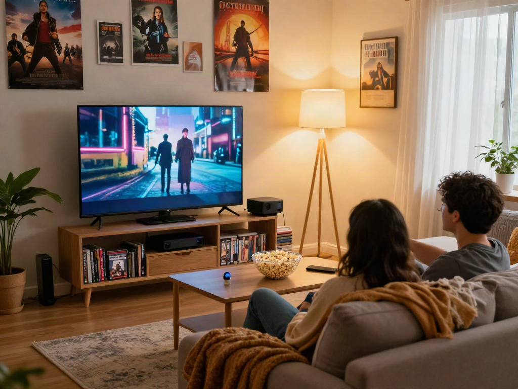 Enjoying the Moviebox app during a cozy movie night at home