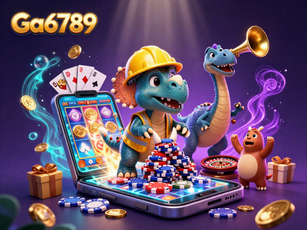 Ga6789 builds excitement with a tribute to casino fun in this vibrant 3D illustration filled with gaming elements.