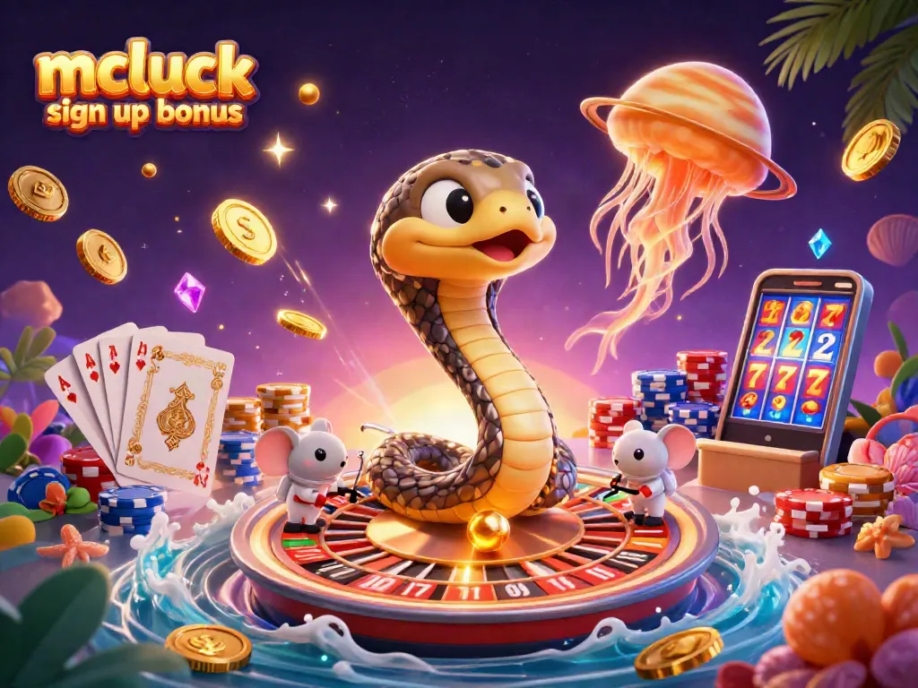 Experience the mcluck sign up bonus with vibrant 3D casino elements and animated characters engaging in gameplay.