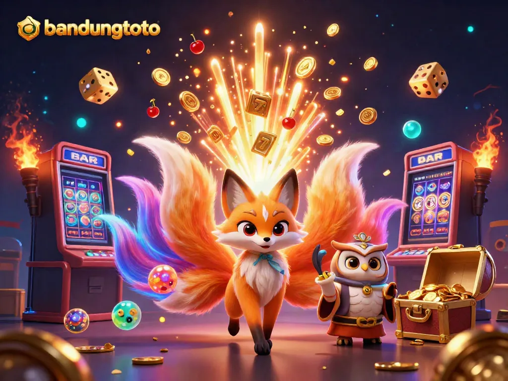 Experience vibrant gameplay at bandungtoto with a lively fox spirit and owl sage amidst jackpot wins in this immersive casino artwork.