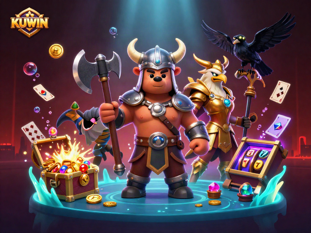 KUWIN players spin slot reels surrounded by a Viking bear, eagle, and gold treasure.