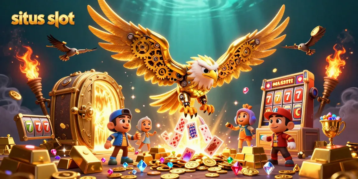 Menangkan situs slot dengan 3D kartun elang cybernetik dan simbol permainan berkilauan.