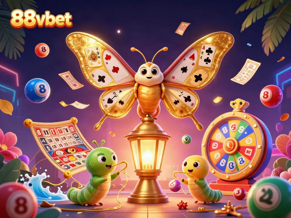 Experience the exciting atmosphere of 88vbet, showcasing colorful lottery elements and casino motifs in a vibrant 3D scene.