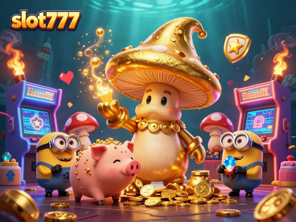 Experience the thrill of slot777 with animated wizard, treasure pig, and gem-carrying minions.