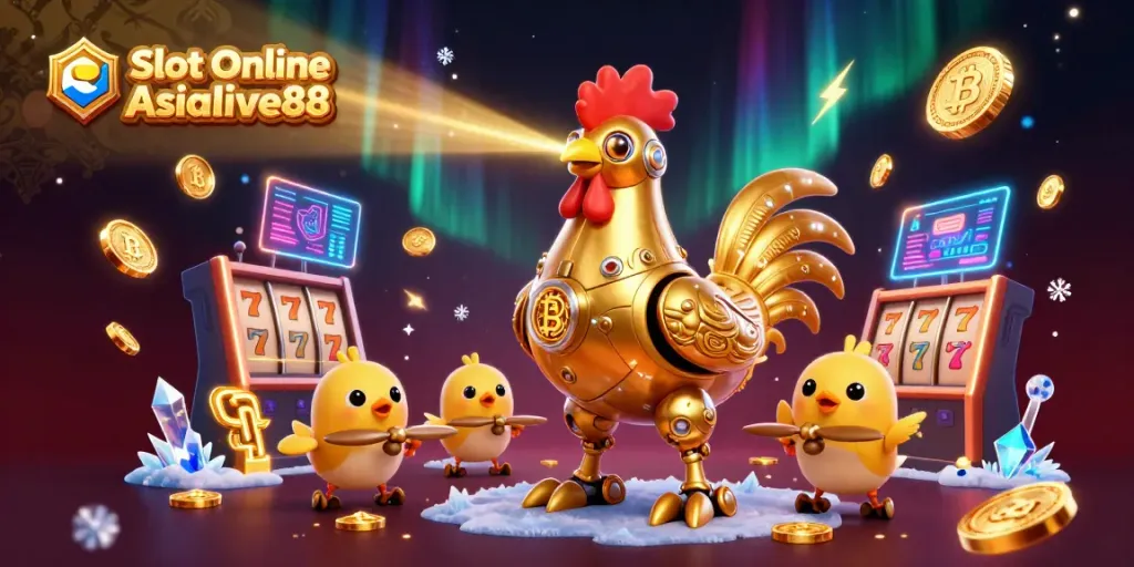 Experience Slot Online Asialive88 with a dynamic scene showcasing a golden rooster robot, crypto coins, and vibrant slot elements.