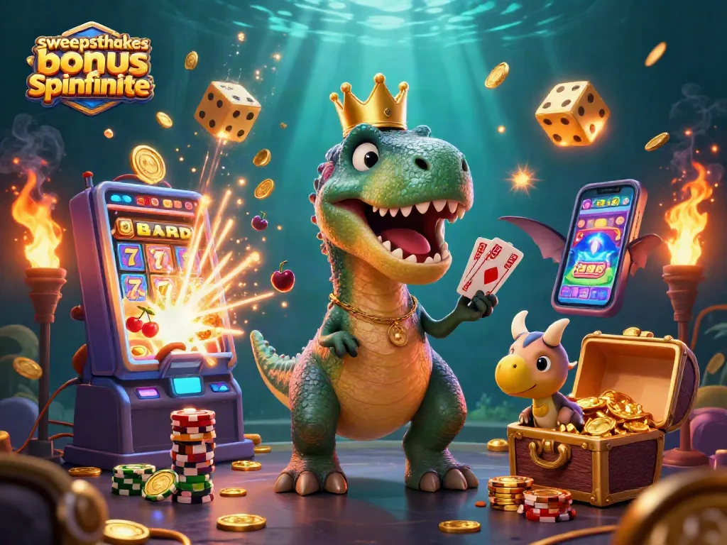Engage with sweepstakes casino bonus spinfinite showcasing fun characters at a vibrant gaming scene.