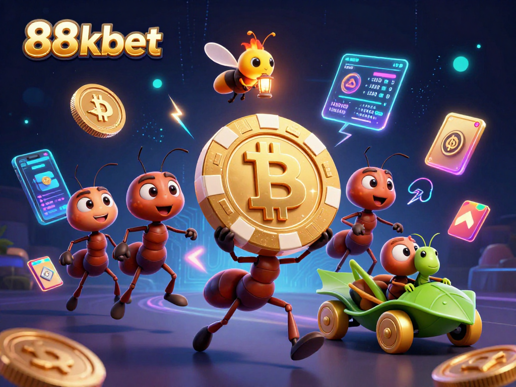 88kbet ants heist illustration featuring golden chips amidst crypto elements in a vibrant casino scene
