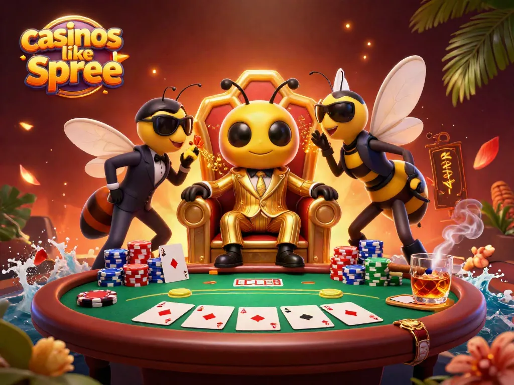 Play thrilling games like spree as a cartoon bumblebee mob boss, surrounded by poker elements