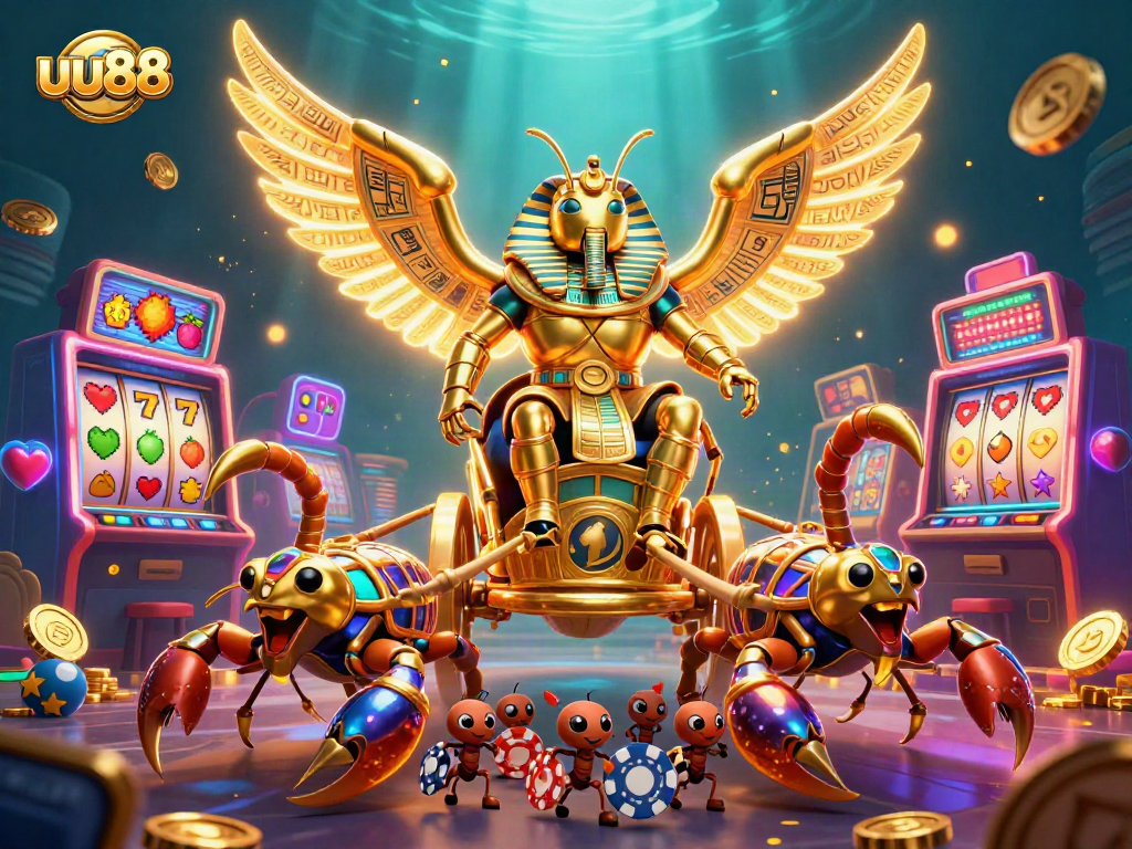 Engage with uu88's ultimate casino adventure featuring a golden beetle in a rich, vibrant digital gaming landscape.