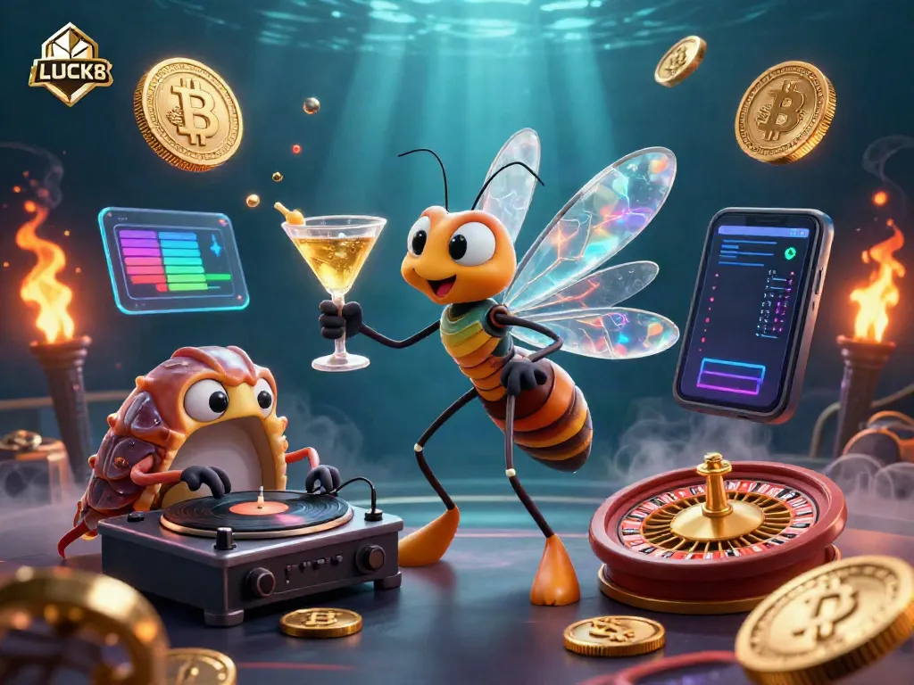 Engage with LUCK8's thrilling casino experience, highlighted by a lively amber mascot and golden roulette.