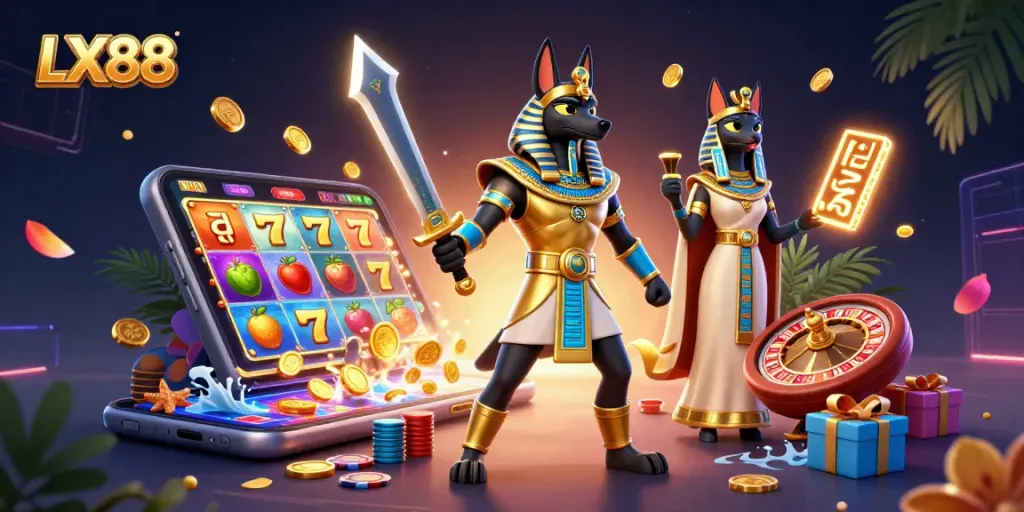 LX88 captures an energetic casino scene with Anubis, Bastet, and vibrant slot game elements.